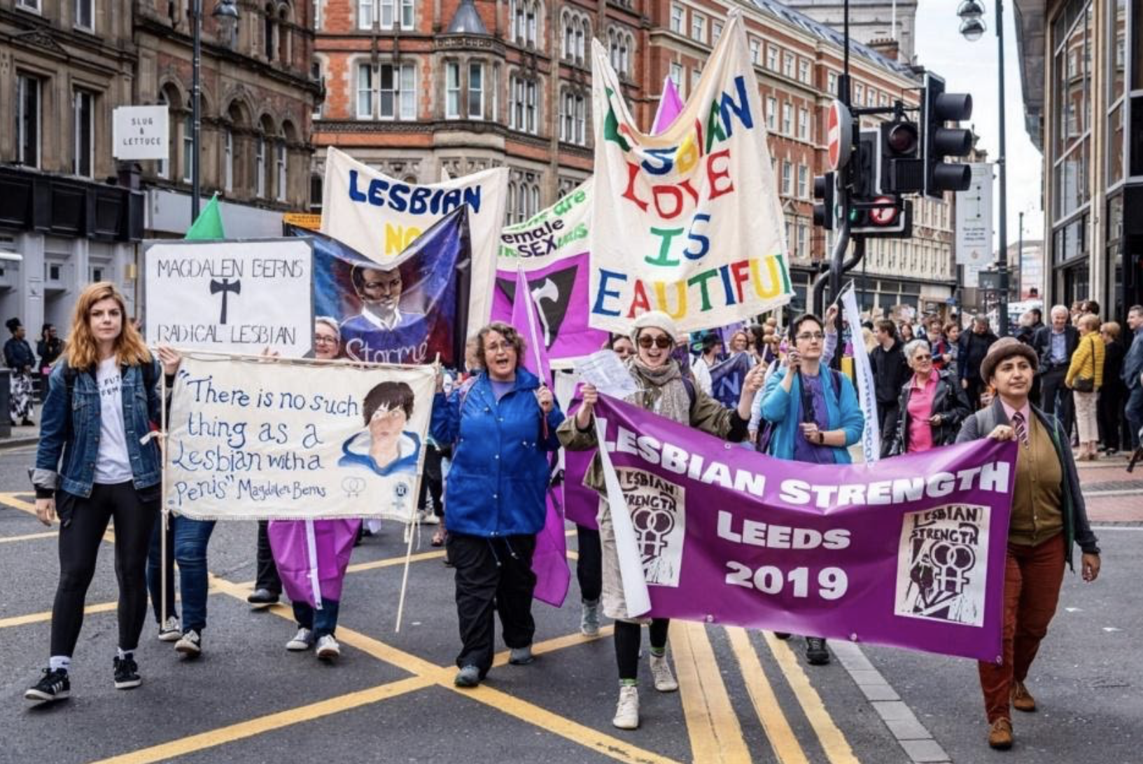 A photo taken of the front of the march for Lesbian Strength in Leeds, West Yorkshire in 2019